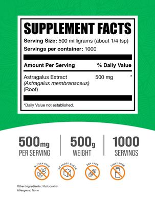 BulkSupplements.com Astragalus Extract Powder - from Astragalus Root, Astragalus Supplement - Vegan & Gluten Free, Astragalus Powder - 500mg per Serving, 500g (1.1 lbs) (Pack of 1)
