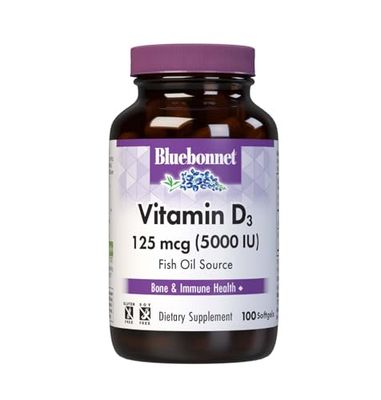Bluebonnet Nutrition Vitamin D3 5000 IU Softgels, Aids in Muscle and Skeletal Growth, Cholecalciferol from Fish Oil, Non GMO, Gluten, Soy &amp; Dairy Free, Yellow, 100 Count