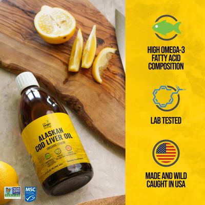 On Target Living Alaskan Cod Liver Oil Liquid | Organic Lemon Flavor 16.67 oz | Line Caught in The USA | Naturally Occurring Vitamin D | Rich in Omega 3 DHA/EPA | Non-GMO Project Certified |