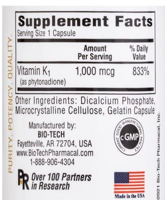 Bio-Tech Pharmacal K1-1000 (Vitamin K1) 100 Capsules - 3 Pack