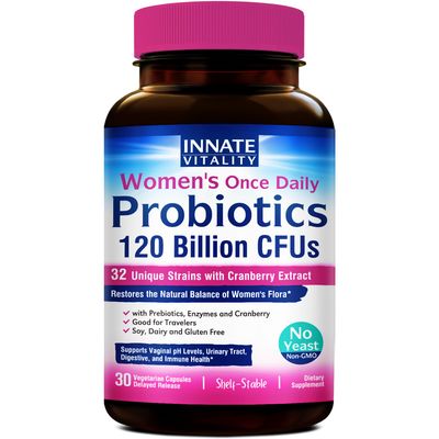Innate Vitality Women&#39;s Probiotics, 120 Billion CFU, 32 Tested Strains, Probiotics for Women, Yeast Control, Vaginal pH Support, Prebiotics, Digestive Enzymes, Cranberry, Once Daily 30 Veggie Capsules