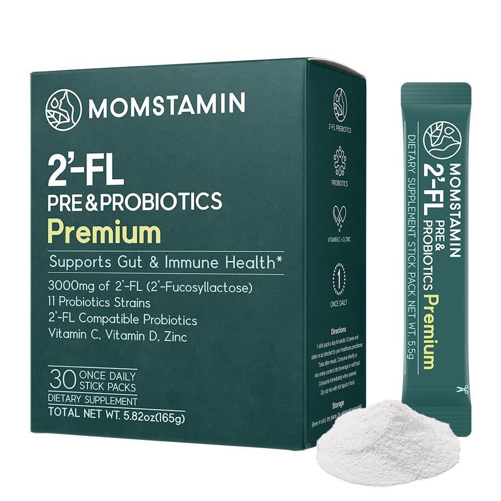 MOMSTAMIN 2&#39;-FL HMO Prebiotics Probiotics Powder Stick, 3,000mg Human Milk Oligosaccharide Per Serving + 11 Strains Synbiotics for Immune Digestive Supplement Gut Health IBS Relief (1 Month, Premium)