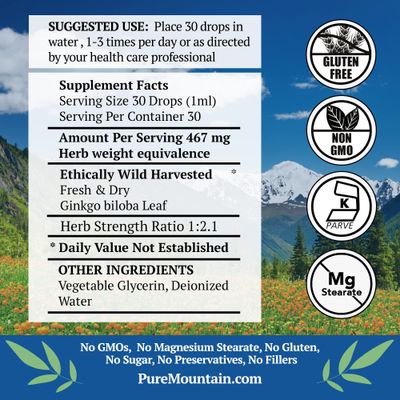 Pure Mountain Botanicals Gingko Biloba Liquid Extract Drops - Alcohol Free Tincture of Wild Harvest Ginkgo Biloba Leaf Supplement