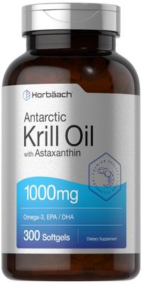 Horbach Antarctic Krill Oil 1000mg Softgels | 300 Count | Omega 3 Supplements with Astaxanthin, EPA, DHA | Non-GMO, Gluten Free
