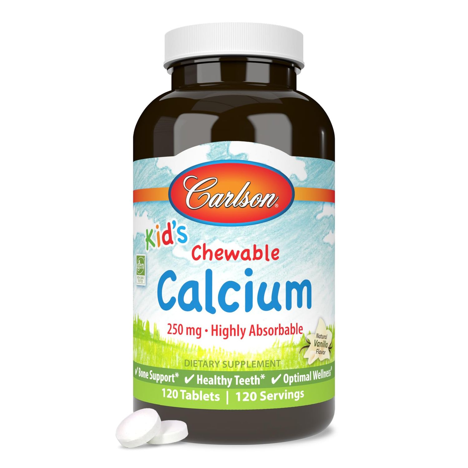 Carlson - Kid&#39;s Chewable Calcium, 250 mg, Highly Absorbable, Bone &amp; Teeth Support, Optimal Wellness, Natural Vanilla Flavor, 120 Tablets