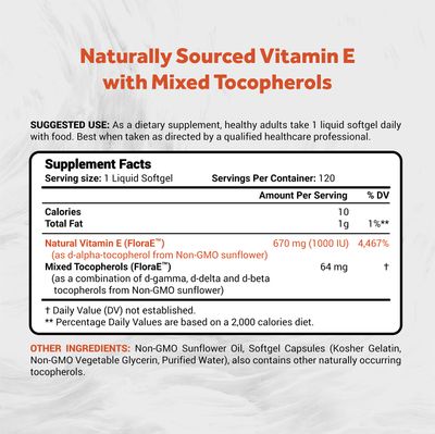 Naturalis Sunflower Vitamin E 670mg (1000 IU) with Mixed Tocopherols | Essential Skin Vitamin &amp; Immune Support | Non-GMO, Soy &amp; Gluten Free | 120 Softgels