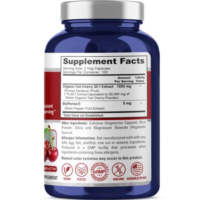 NusaPure Tart Cherry 20,000mg - 200 Veggie Caps (Vegan, Non-GMO, Vegan) Bioperine, Organic Tart Cherry Fruit