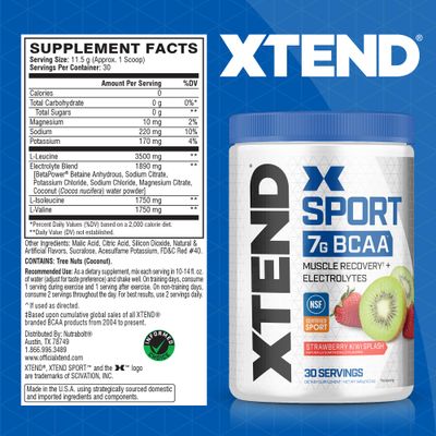 XTEND Sport BCAA Powder Strawberry Kiwi Splash - Electrolyte Powder for Recovery &amp; Hydration with Amino Acids - 30 Servings