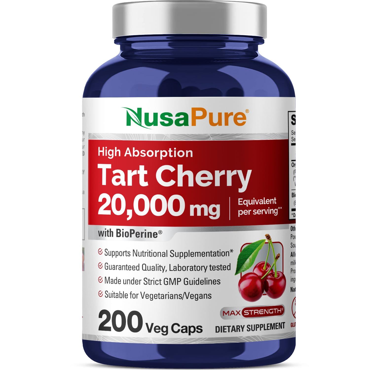 NusaPure Tart Cherry 20,000mg - 200 Veggie Caps (Vegan, Non-GMO, Vegan) Bioperine, Organic Tart Cherry Fruit
