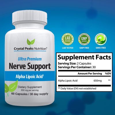Nerve Support Supplement - Natural Vitamins with 650mg non-GMO ALA Alpha Lipoic Acid - Premium Nerve Support Supplement - Hands &amp; Feet - Tingling, Numbness - 60 Veggie Capsules
