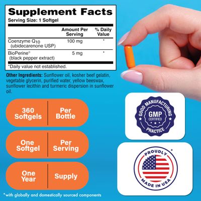 Health Thru Nutrition CoQ-10 100mg with BioPerine 360 Softgels | High Absorption Naturally Fermented USP Grade Coenzyme Q10 | 3rd Party Tested | Heart Health and Energy Support | Non-GMO