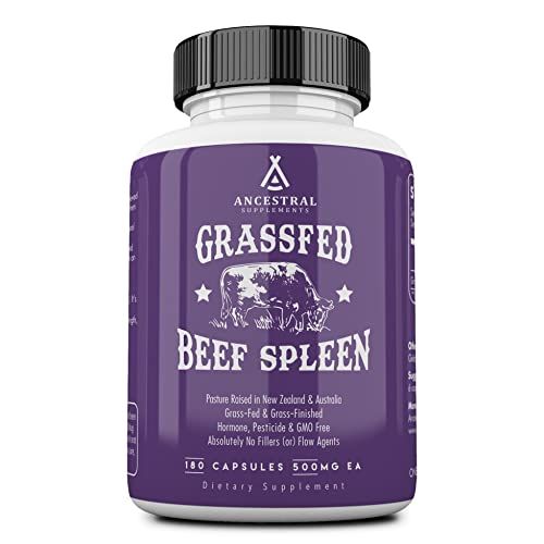 Ancestral Supplements Grass Fed Beef Spleen Supplement, 3000mg Beef Organ Spleen Support Formula Promotes Digestive, Immune, Iron, Energy and Allergy Health, Non GMO, 180 Capsules