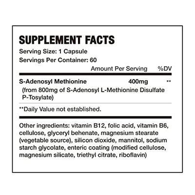 7c Sam e 400mg Supplement (S-Adenosylmethionine), Vitamin B6, B12 Added to Enhance Sam-e Effectiveness, Mood and Joint Comfort, Vegan, Non-GMO, Gluten-Free, 60 Enteric Coated Capsules