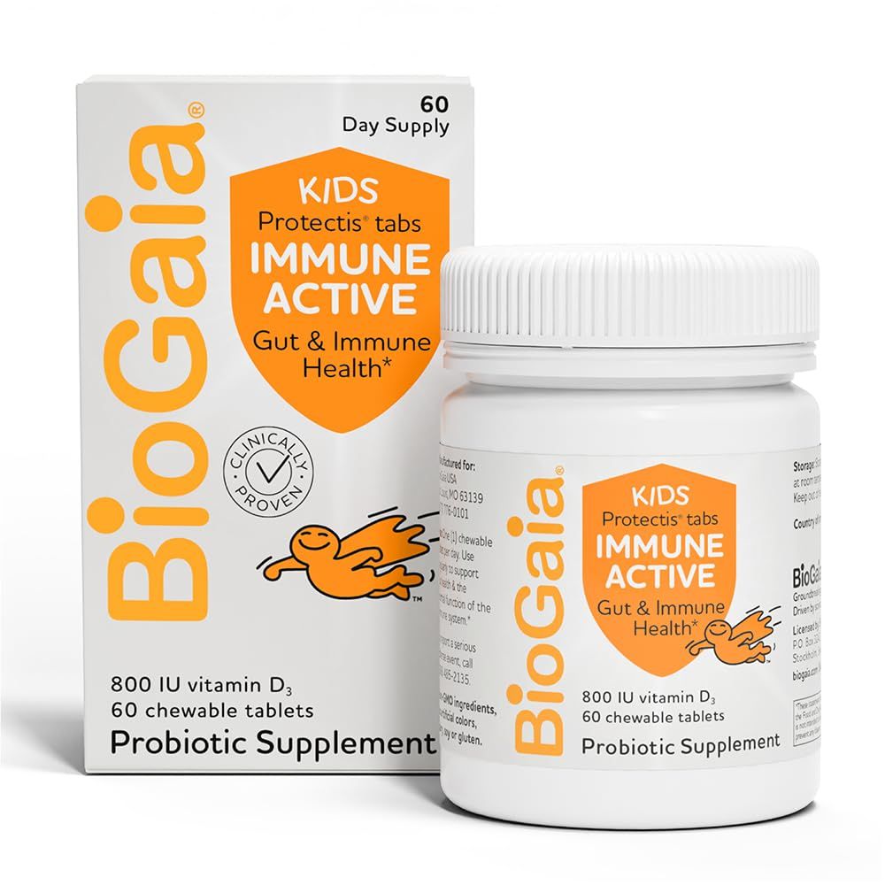 BioGaia Immune Active Kids | Probiotic + Vitamin D | for Digestive &amp; Immune Health | Ages 3+ | Allergen, Dairy, Soy &amp; Gluten Free | Trusted by Pediatricians | 60 Day Supply | Orange Flavored Chewable