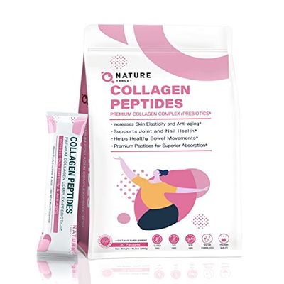 NATURE TARGET Multi Collagen Peptides Powder - Type I, II, III, V, X - Enhanced Absorption, Hydrolyzed Collagen Peptides with Prebiotics, Sugar-Free, Skin Hair Nail &amp; Joint Support, Non-GMO