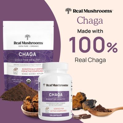 Real Mushrooms Chaga Capsules - Organic Mushroom Supplement with Chaga Extract - Chaga Mushroom Powder for Digestion, Energy, & Immune Support - Vegan Mushroom Extract, Non-GMO, 120 Caps