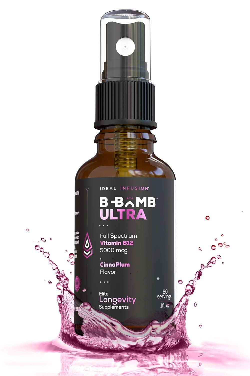 Ideal Infusion B-Bomb Triple B12 Vitamin Liquid Spray: Methylcobalamin, Adenosylcobalamin, Hydroxocobalamin - Nerve Health and Energy Booster- 5000 mcg, Keto, Sugar Free (Organic CinnaPlum)