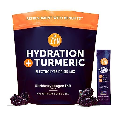 ZYN Turmeric Powder, Electrolyte Drink Mix Hydration Packets 32 Servings | BlackBerry Dragonfruit | Healthy Electrolytes Powder with Turmeric Powder, Vitamin C, Zinc &amp; Curcumin