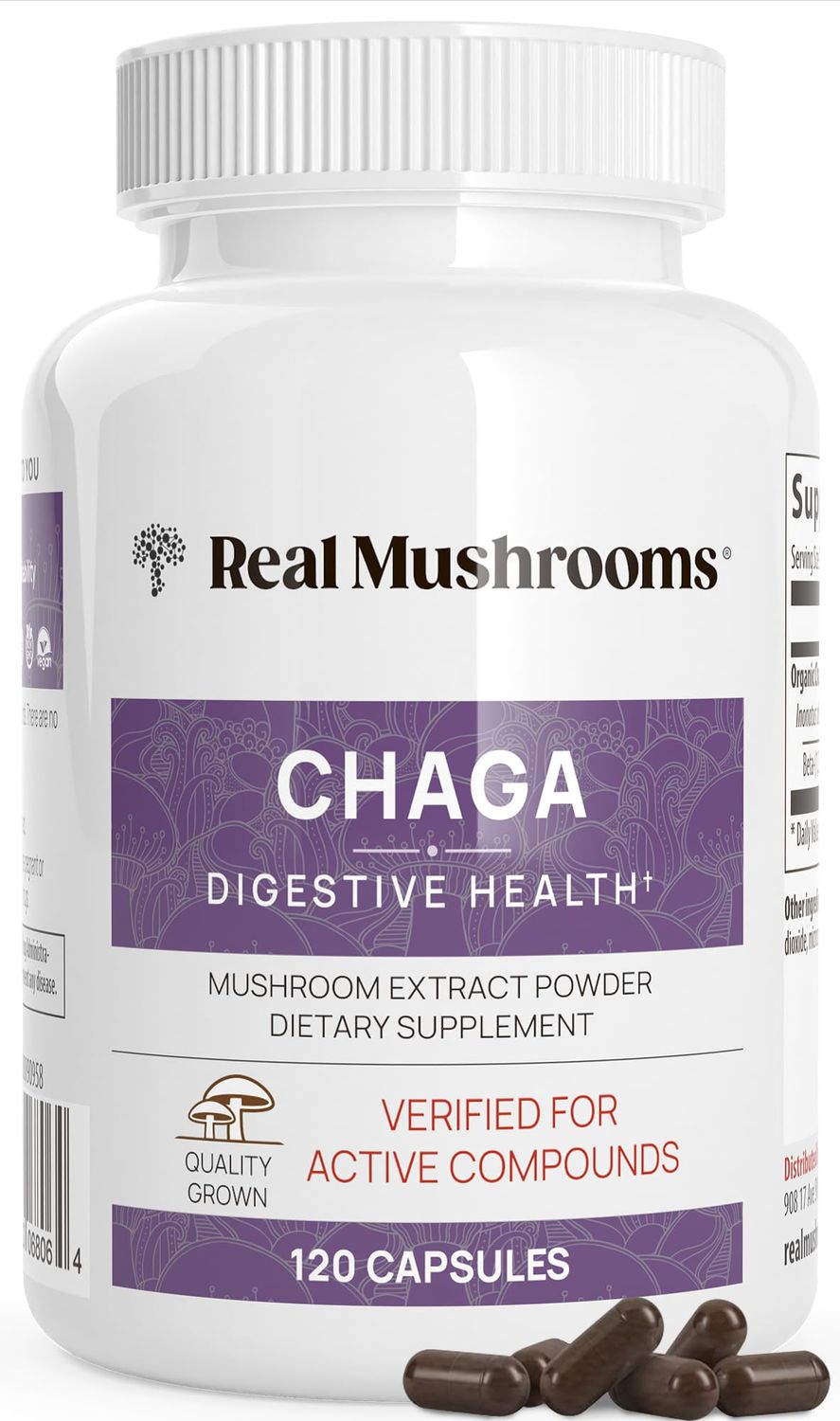 Real Mushrooms Chaga Capsules - Organic Mushroom Supplement with Chaga Extract - Chaga Mushroom Powder for Digestion, Energy, &amp; Immune Support - Vegan Mushroom Extract, Non-GMO, 120 Caps