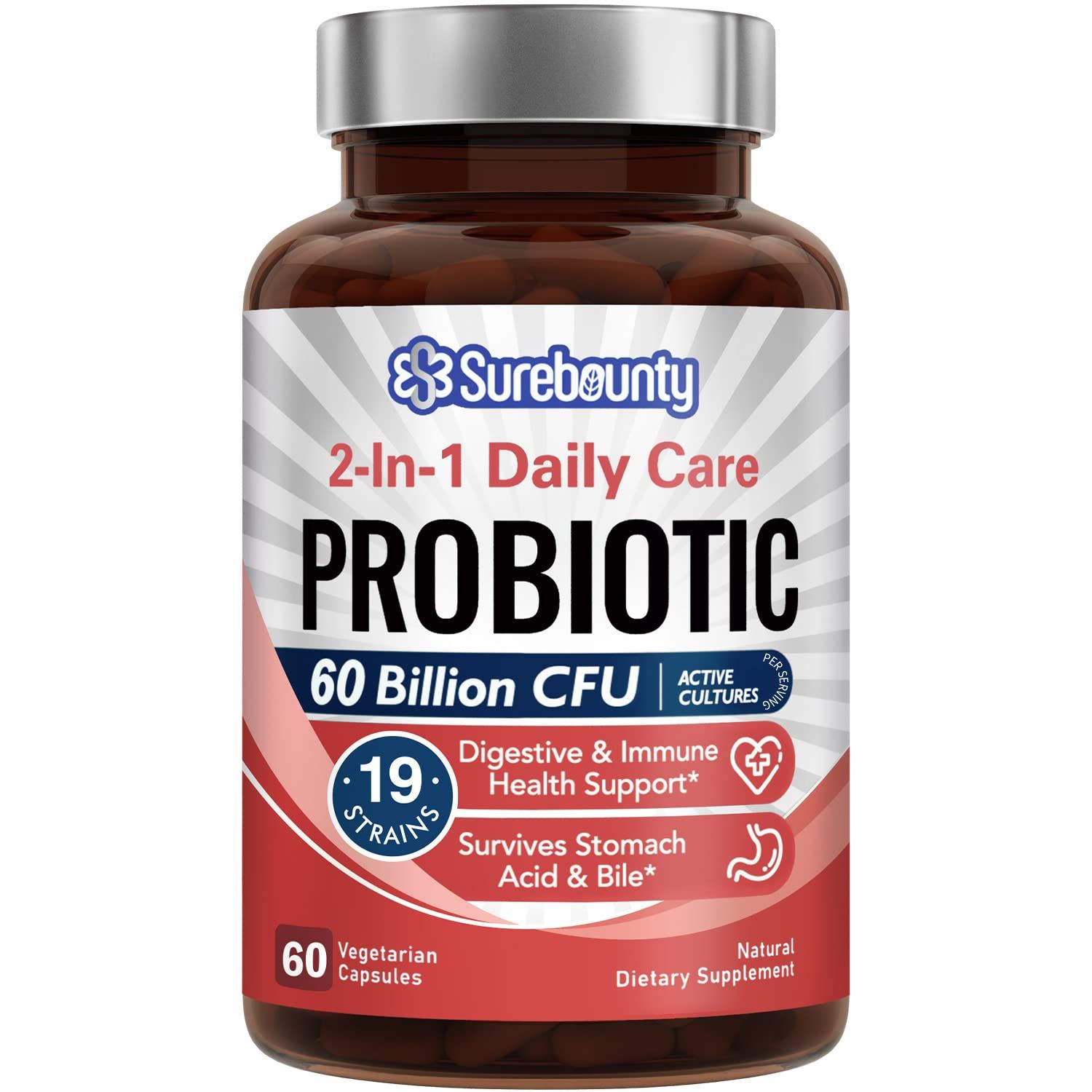 Surebounty Probiotics 60 Billion CFU 19 Strains for Men &amp; Women, with 100mg Prebiotic, Shelf Stable, 2-in-1 Daily Care Probiotic, Non-GMO, Digestive &amp; Immune Health, 60 Veggie Capsules