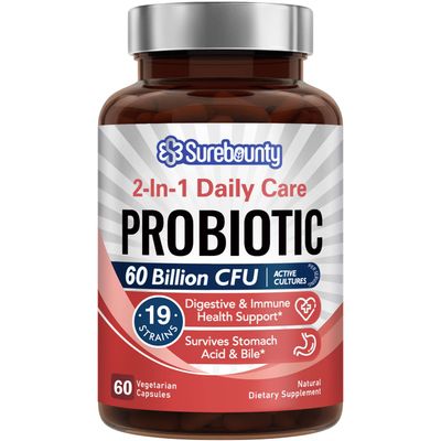 Surebounty Probiotics 60 Billion CFU 19 Strains for Men &amp; Women, with 100mg Prebiotic, Shelf Stable, 2-in-1 Daily Care Probiotic, Non-GMO, Digestive &amp; Immune Health, 60 Veggie Capsules