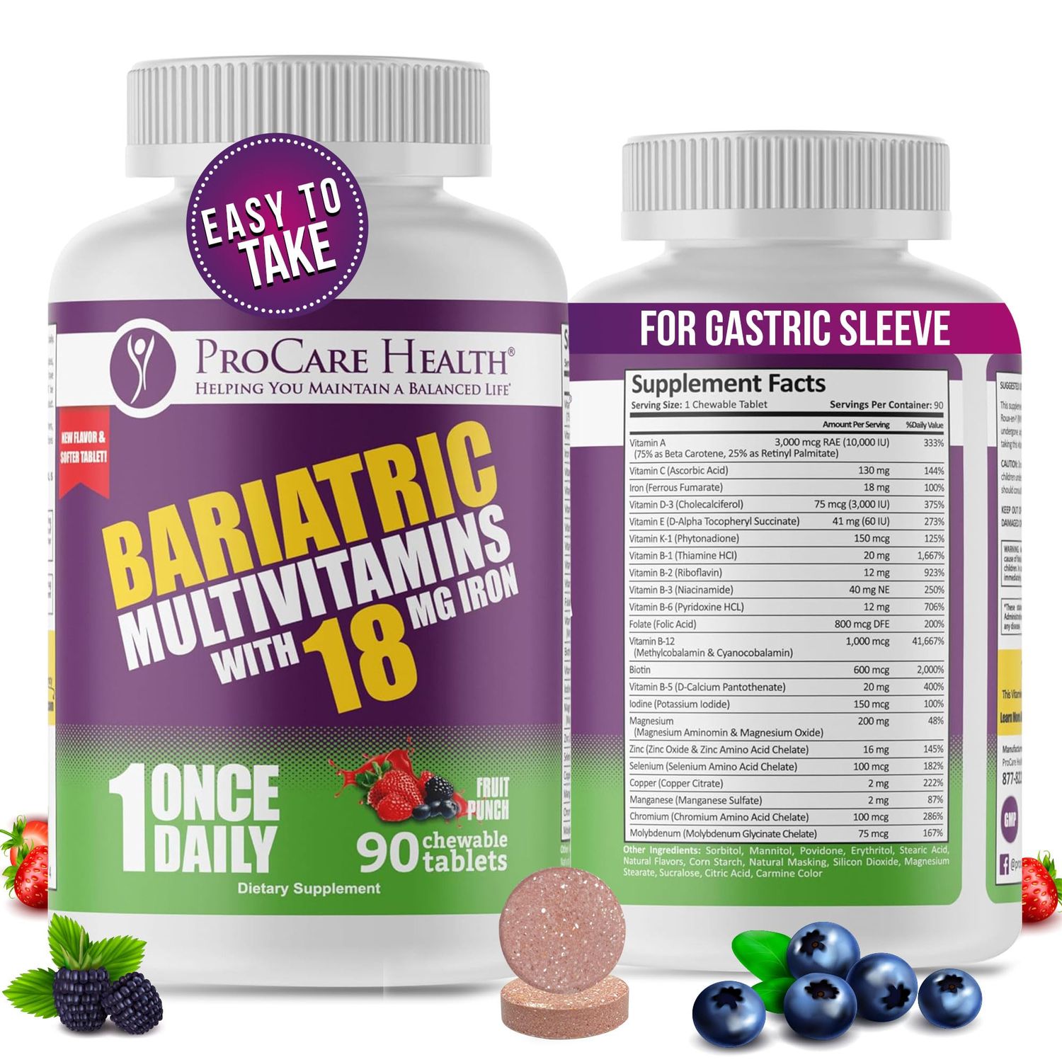 Procare Health Bariatric chewable Multivitamin with Iron 18mg (90 Tablets) - Fruit Punch Flavor Bariatric Multivitamin Chewable Pills for Gastric Bypass &amp; Sleeve Gastrectomy Patients* (3 Month Supply)