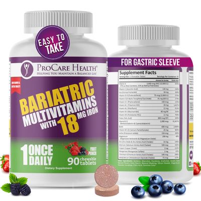 Procare Health Bariatric chewable Multivitamin with Iron 18mg (90 Tablets) - Fruit Punch Flavor Bariatric Multivitamin Chewable Pills for Gastric Bypass &amp; Sleeve Gastrectomy Patients* (3 Month Supply)