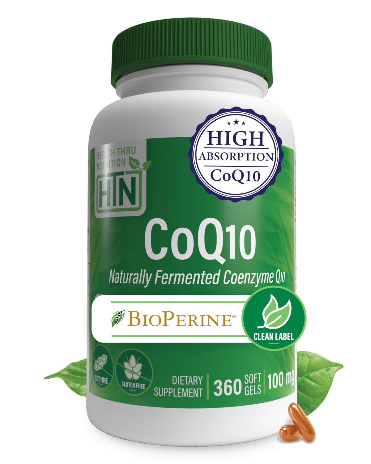 Health Thru Nutrition CoQ-10 100mg with BioPerine 360 Softgels | High Absorption Naturally Fermented USP Grade Coenzyme Q10 | 3rd Party Tested | Heart Health and Energy Support | Non-GMO