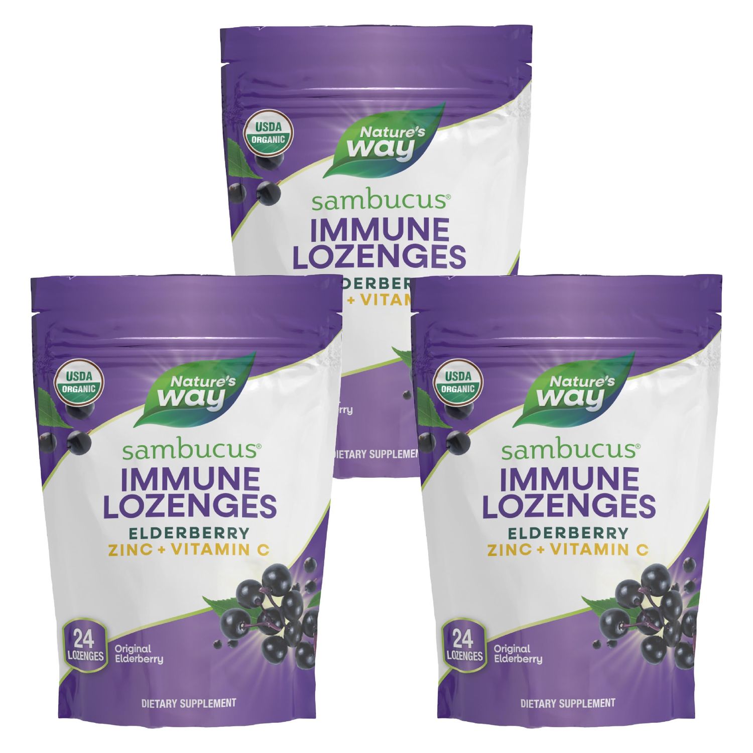 Nature&#39;s Way Organic Sambucus Zinc Lozenges - With Elderberry &amp; Vitamin C - Vegan &amp; Gluten Free - 24 Lozenges (Pack of 3)