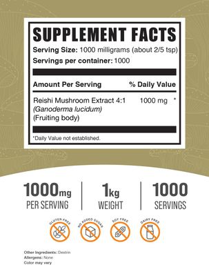 BulkSupplements.com Reishi Mushroom Extract Powder - Ganoderma Lucidum, Reishi Mushroom Supplement - Reishi Mushroom Powder, Gluten Free, 1000mg per Serving, 1kg (2.2 lbs) (Pack of 1)