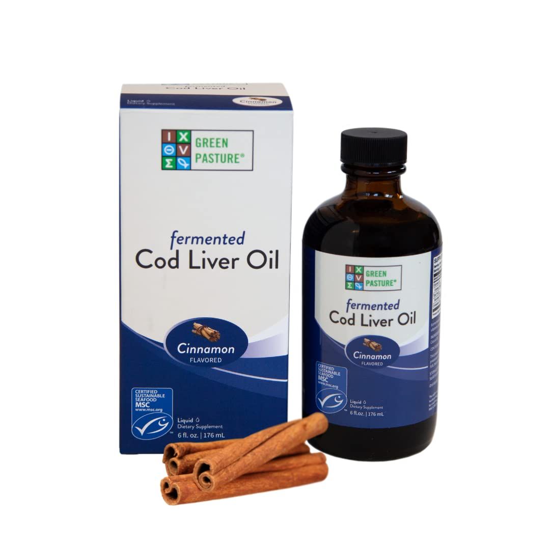 Green Pasture - Fermented Cod Liver Oil Liquid - 6 fl. oz. Vitamin A Vitamin D Omega 3 Omega 6 Omega 9 (6oz Cinnamon)