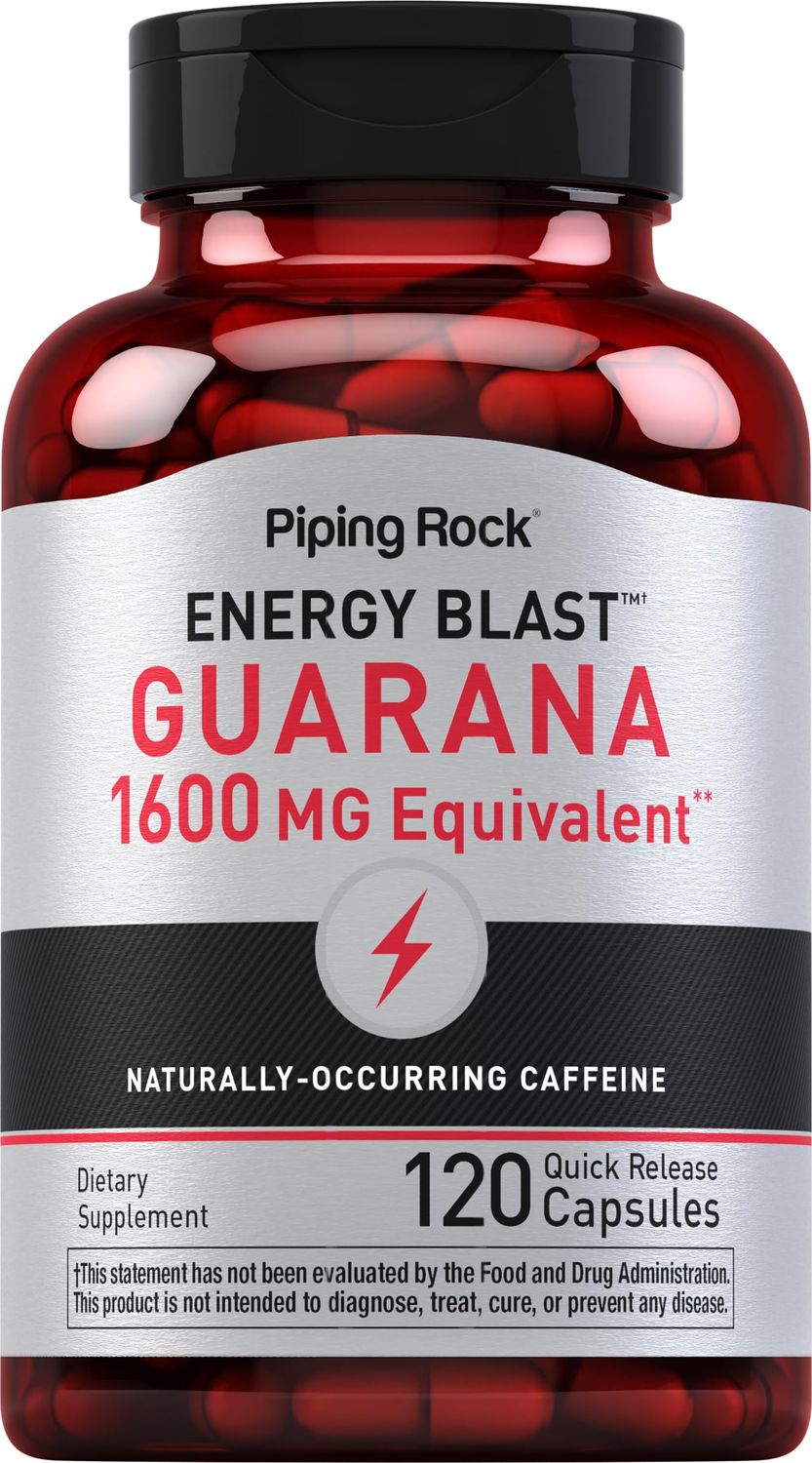 Piping Rock Guarana Capsules 1600 mg | 120 Count | Mega Strength Powder Extract Pills | Non-GMO, Gluten Free Supplement