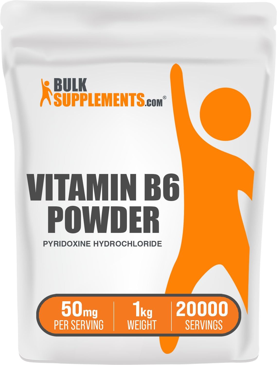 BulkSupplements.com Pyridoxine HCl Powder - Vitamin B6 Supplement, Vitamin B6 50mg - for Immune Support, Gluten Free, 50mg of Pyridoxine B6 per Serving, 1kg (2.2 lbs) (Pack of 1)