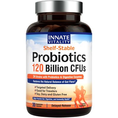Innate Vitality Probiotics 120 Billion CFUs for Men &amp; Women, 34 Strains with Prebiotics &amp; Digestive Enzymes, Immune &amp; Digestive Health, Delayed Release, Shelf Stable, 30 Vegan Capsules