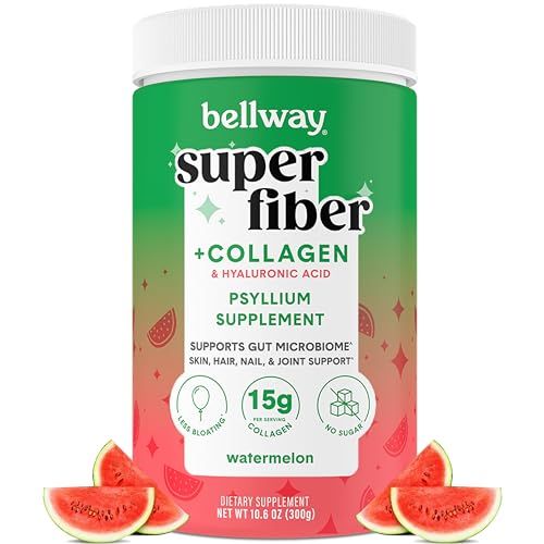 Bellway Super Fiber Powder + Collagen, Sugar-Free Psyllium Husk Powder with Collagen Peptides and Hyaluronic Acid for Gut Health, Healthy Skin, Nails, Bones &amp; Joints, Watermelon (10.6 oz)