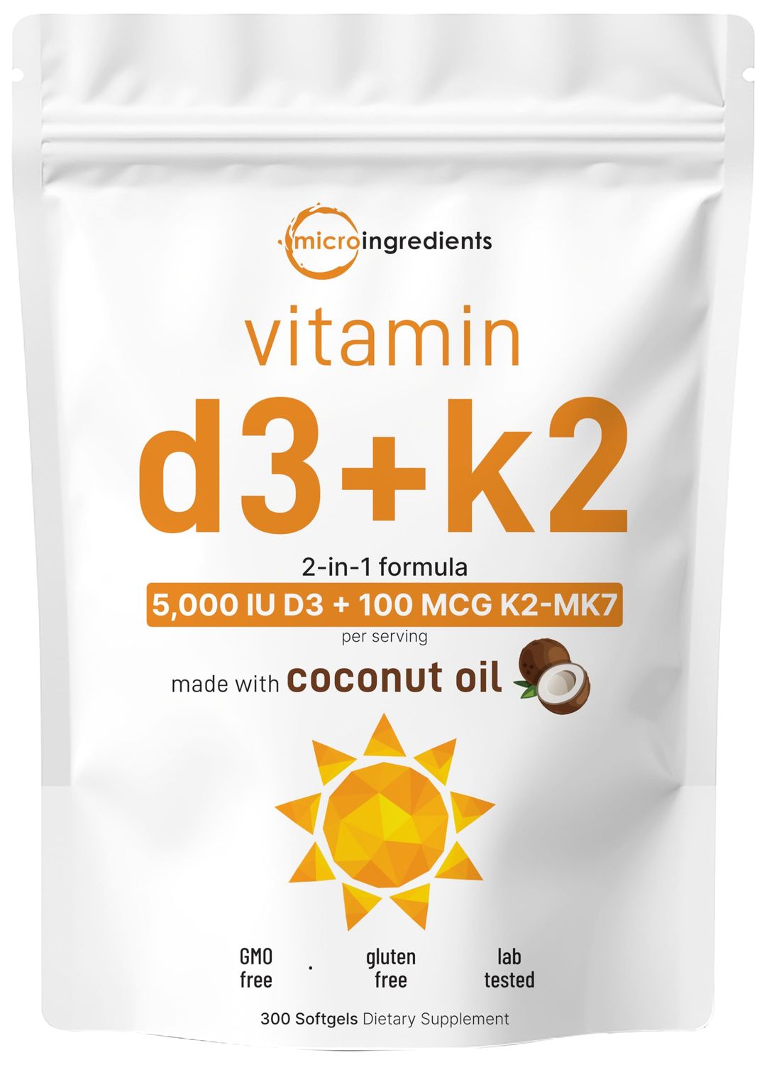 Micro Ingredients Vitamin D3 5000 IU Plus K2 (MK-7) 100 mcg, 300 Virgin Coconut Oil Softgels | 2 in 1 Vitamins D &amp; K Complex | Supports Calcium Absorption, Bone, Immune, &amp; Heart Health