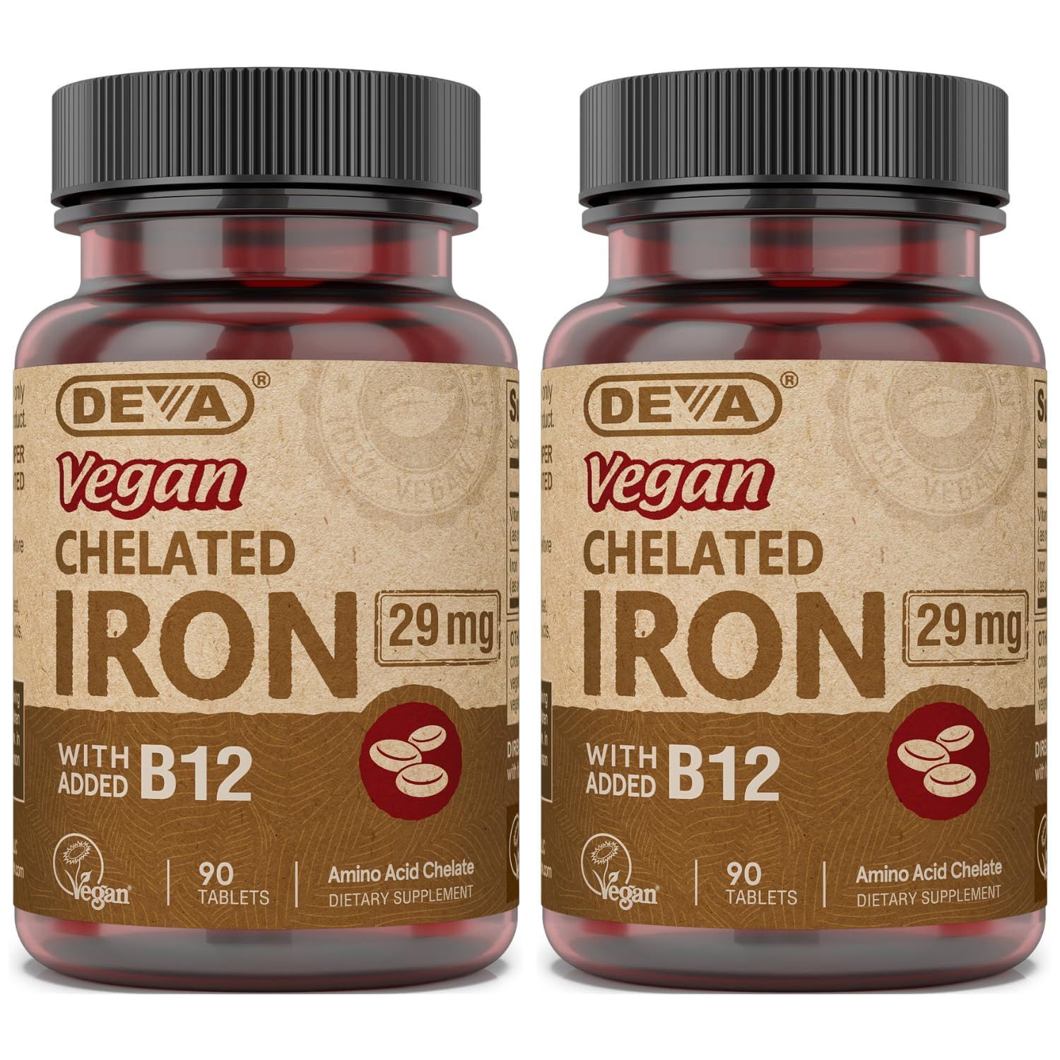DEVA Nutrition Vegan Chelated Iron 29 mg Fortified with B-12 - High Potency, Easy to Swallow - 90 Tablets, 2-Pack