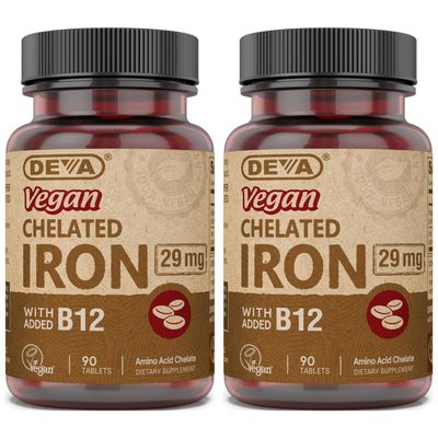 DEVA Nutrition Vegan Chelated Iron 29 mg Fortified with B-12 - High Potency, Easy to Swallow - 90 Tablets, 2-Pack