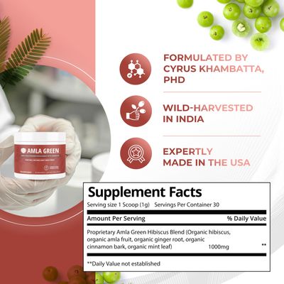 Amla Powder & Green Tea Superfood Supplement with Hibiscus, 20x Ultra Concentrated Amla, Antioxidant Support, Made with Oolong Tea and Indian Gooseberries, Organic, Vegan, Hibiscus, 30 Servings