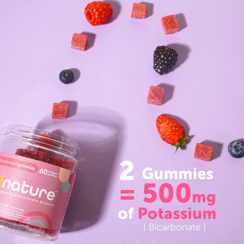 Kind Nature High Potassium Supplement 500mg - Chewable Gummies for Adults &amp; Kids - Pure Potassium Bicarbonate Mineral Supplement - Vegan, Gluten Free, Non GMO - 60 Gummies (30 Day Supply)