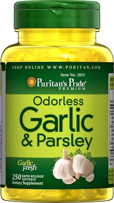 Puritan&#39;s Pride Preimum Odorless Garlic 5 mg (500 mg equivalent) &amp; Parsley, Traditional Dietary Supplement for Heart Health, Circulation, and Blood Flow Support, 250 Rapid Release Softgels