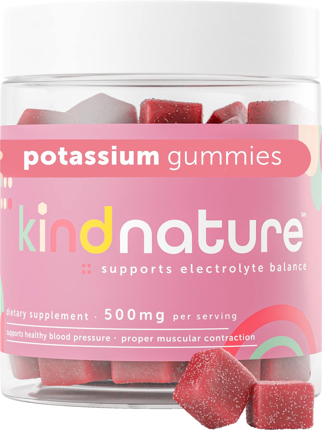 Kind Nature High Potassium Supplement 500mg - Chewable Gummies for Adults &amp; Kids - Pure Potassium Bicarbonate Mineral Supplement - Vegan, Gluten Free, Non GMO - 60 Gummies (30 Day Supply)