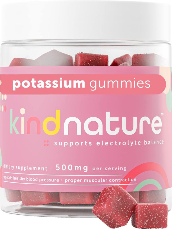 Kind Nature High Potassium Supplement 500mg - Chewable Gummies for Adults &amp; Kids - Pure Potassium Bicarbonate Mineral Supplement - Vegan, Gluten Free, Non GMO - 60 Gummies (30 Day Supply)