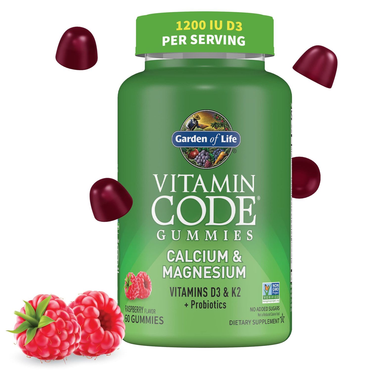 Calcium Magnesium Gummies with D3 &amp; K2, Supports Bone Health &amp; Bone Strength + Prebiotics &amp; Probiotics for Digestive Support, Vitamin Code, Non-GMO, Gluten-Free, 60 Raspberry Gummies, 30 Day Supply