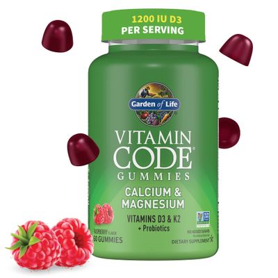 Calcium Magnesium Gummies with D3 &amp; K2, Supports Bone Health &amp; Bone Strength + Prebiotics &amp; Probiotics for Digestive Support, Vitamin Code, Non-GMO, Gluten-Free, 60 Raspberry Gummies, 30 Day Supply