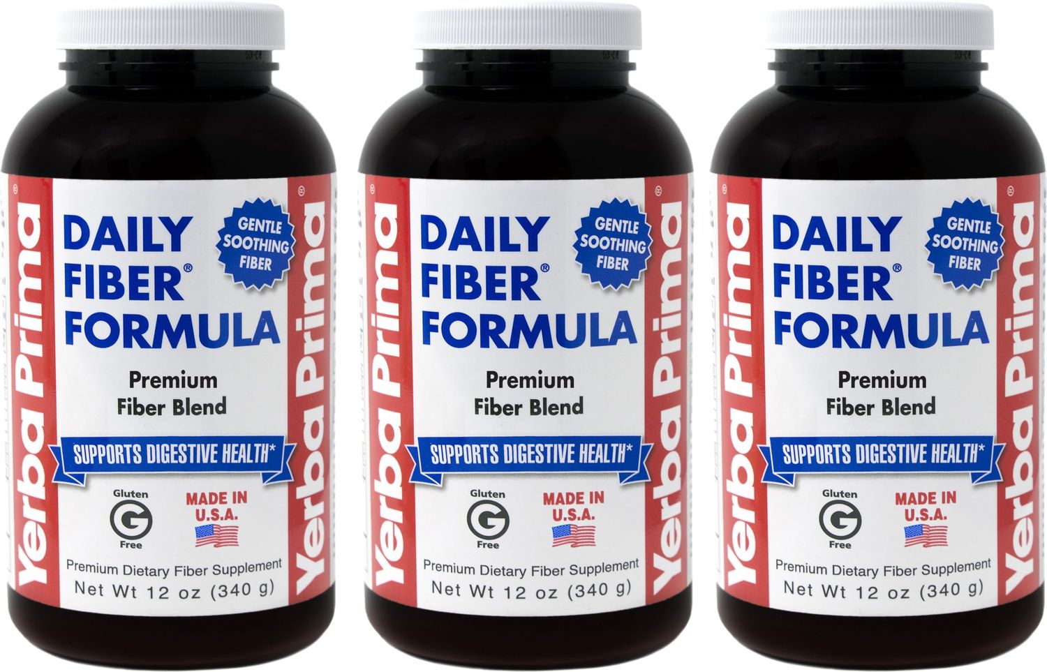 Yerba Prima Daily Fiber Formula Powder - 12 oz (Pack of 3) - Soluble &amp; Insoluble Dietary Fiber Supplement - Colon Cleanse - Vegan, Non-GMO, Gluten-Free
