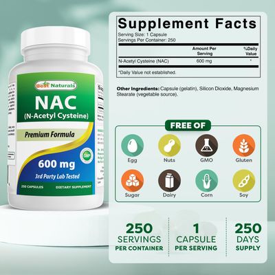 Best Naturals NAC N-Acetyl-Cysteine 600 mg 250 Capsules