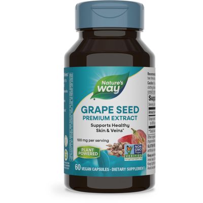 Nature&#39;s Way Grape Seed Premium Extract, Supports Healthy Skin and Veins*, Antioxidant Support*, Non-GMO Project Verified, 60 Vegan Capsules (Packaging May Vary)