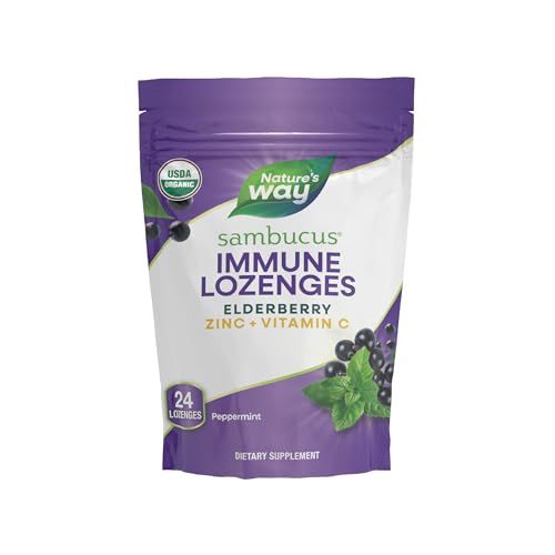 Natures Way Sambucus Zinc Lozenges with Elderberry and Vitamin C, Peppermint Flavored, 24 Lozenges
