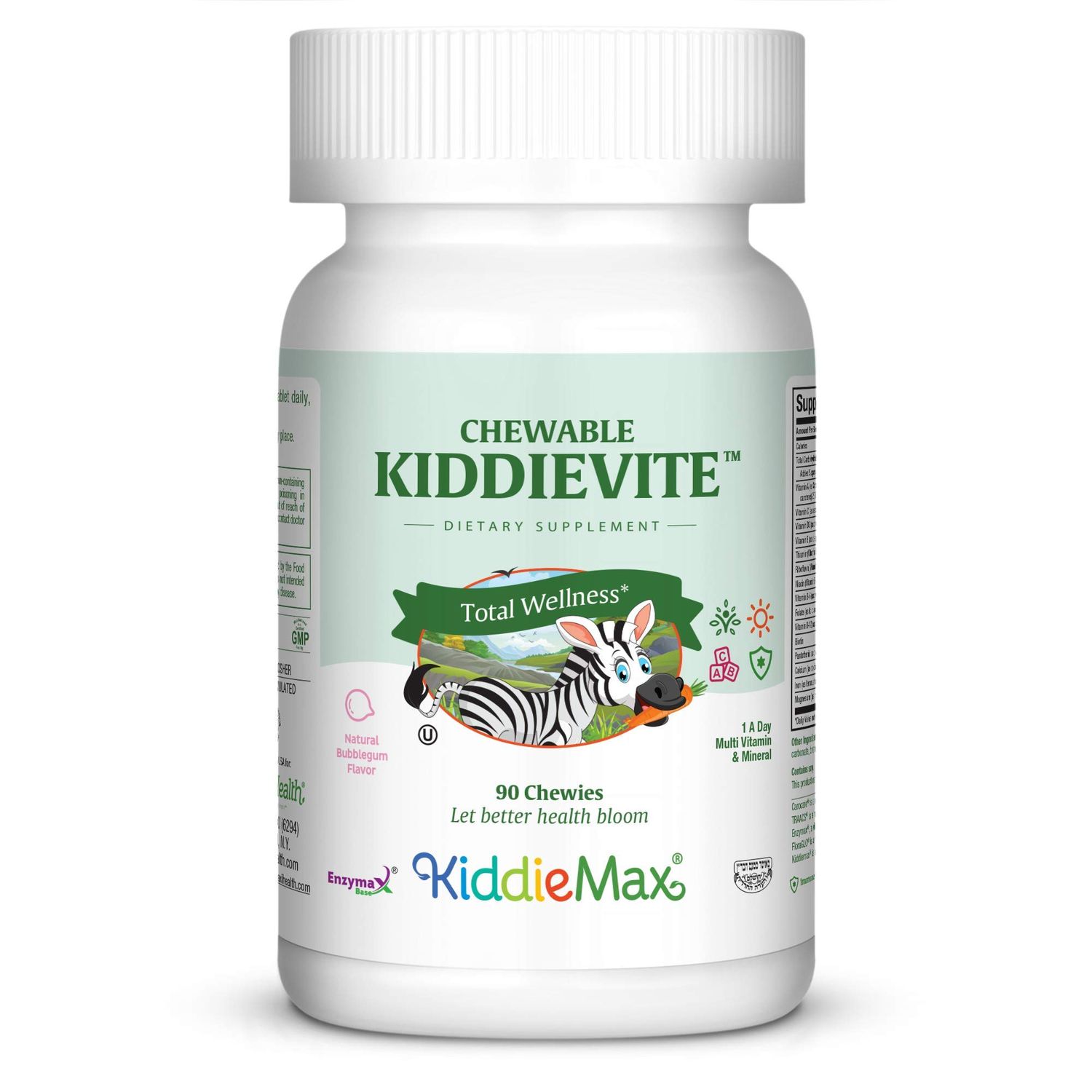 Maxi Health Chewable KiddieVite - One-a-Day Kids Multivitamin with 10 mg Iron, Zinc, Magnesium - Immune Support - Vitamins A, C, D3, E, B6, B12 - Bubble Gum Flavor - Kosher - 90 Chewies